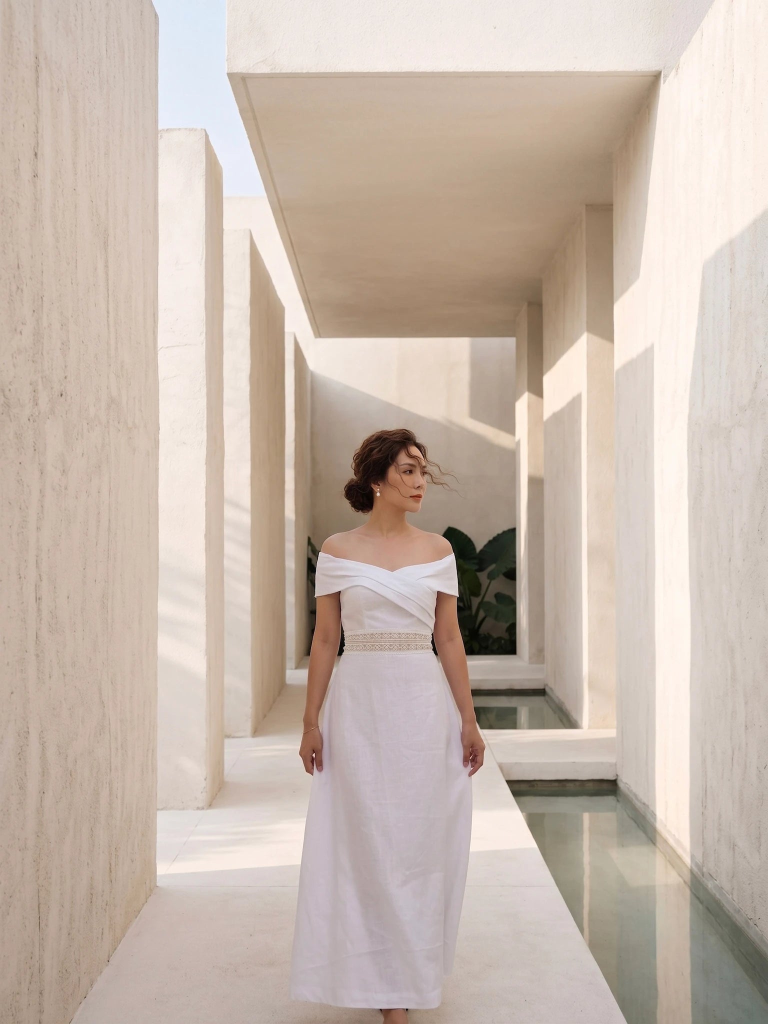 Đầm maxi trễ vai linen trắng thời trang Hity
