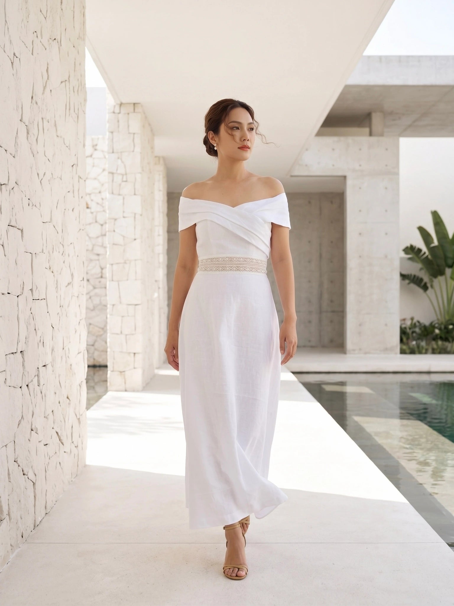 Đầm maxi trễ vai linen trắng thời trang Hity
