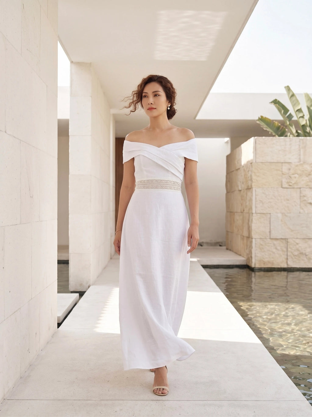 Đầm maxi trễ vai linen trắng thời trang Hity