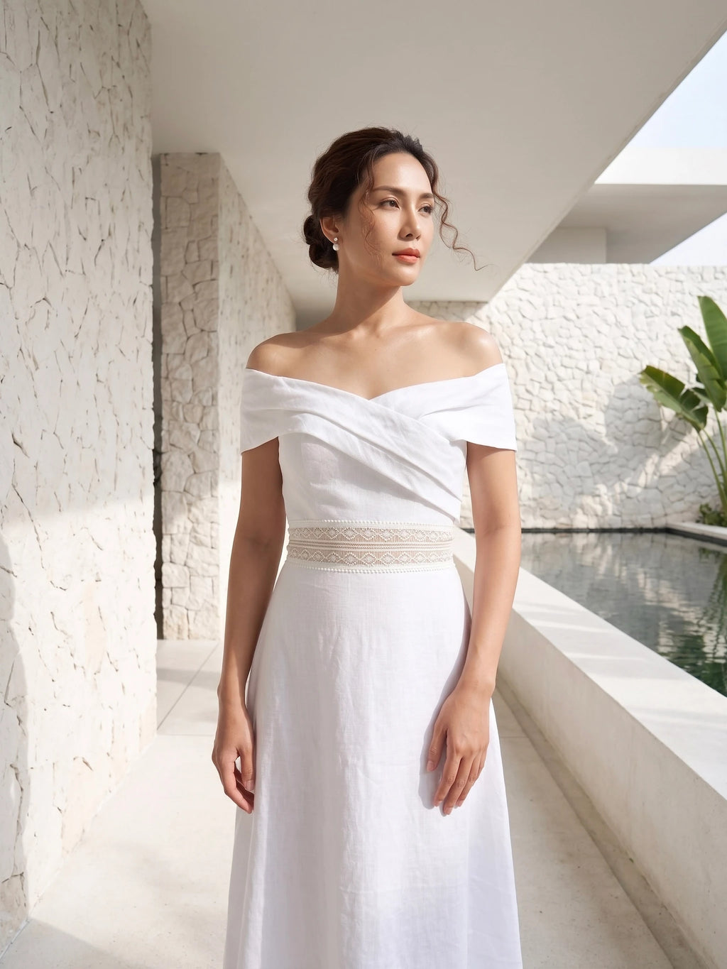 Đầm maxi trễ vai linen trắng thời trang Hity