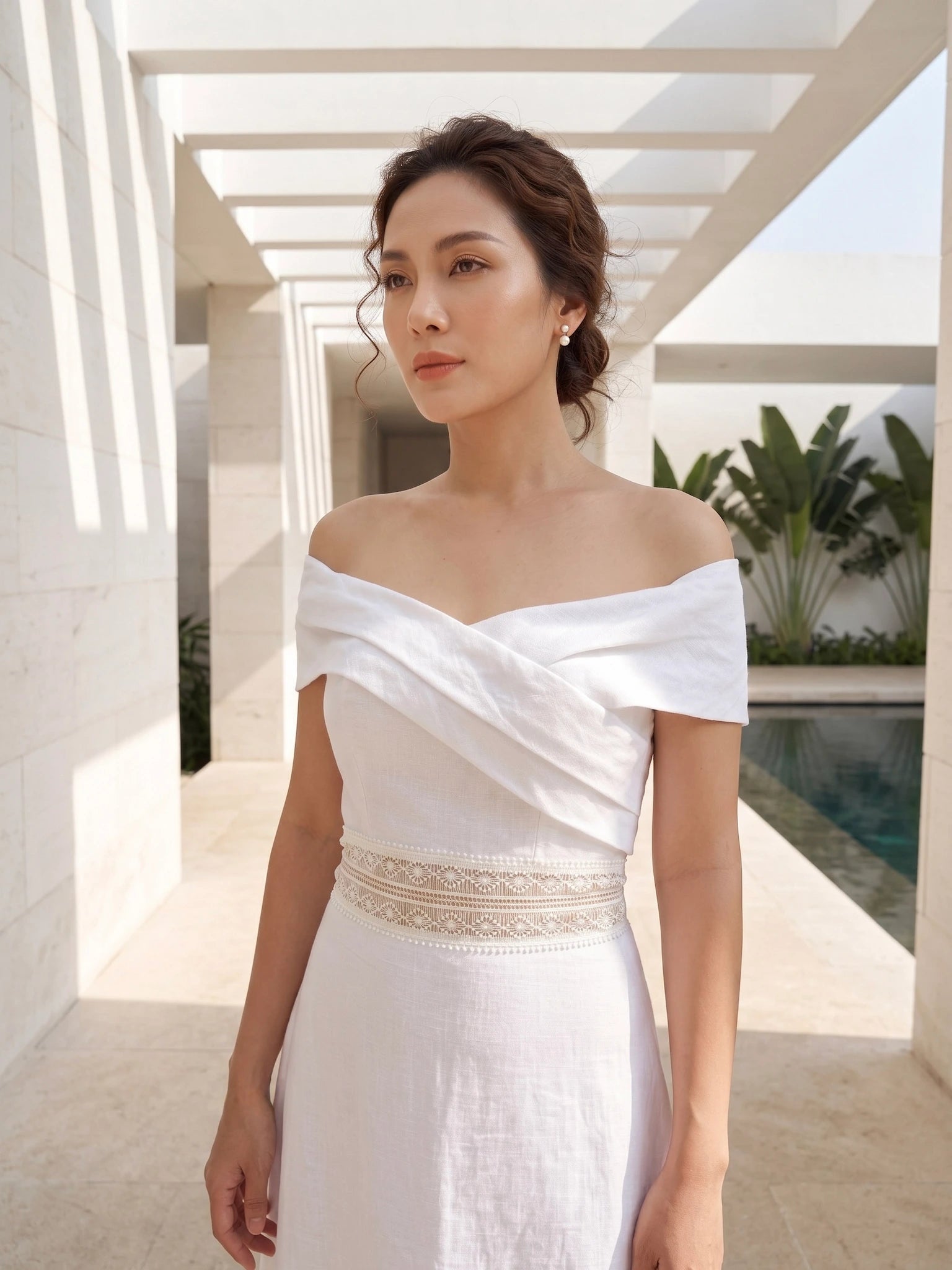 Đầm maxi trễ vai linen trắng thời trang Hity