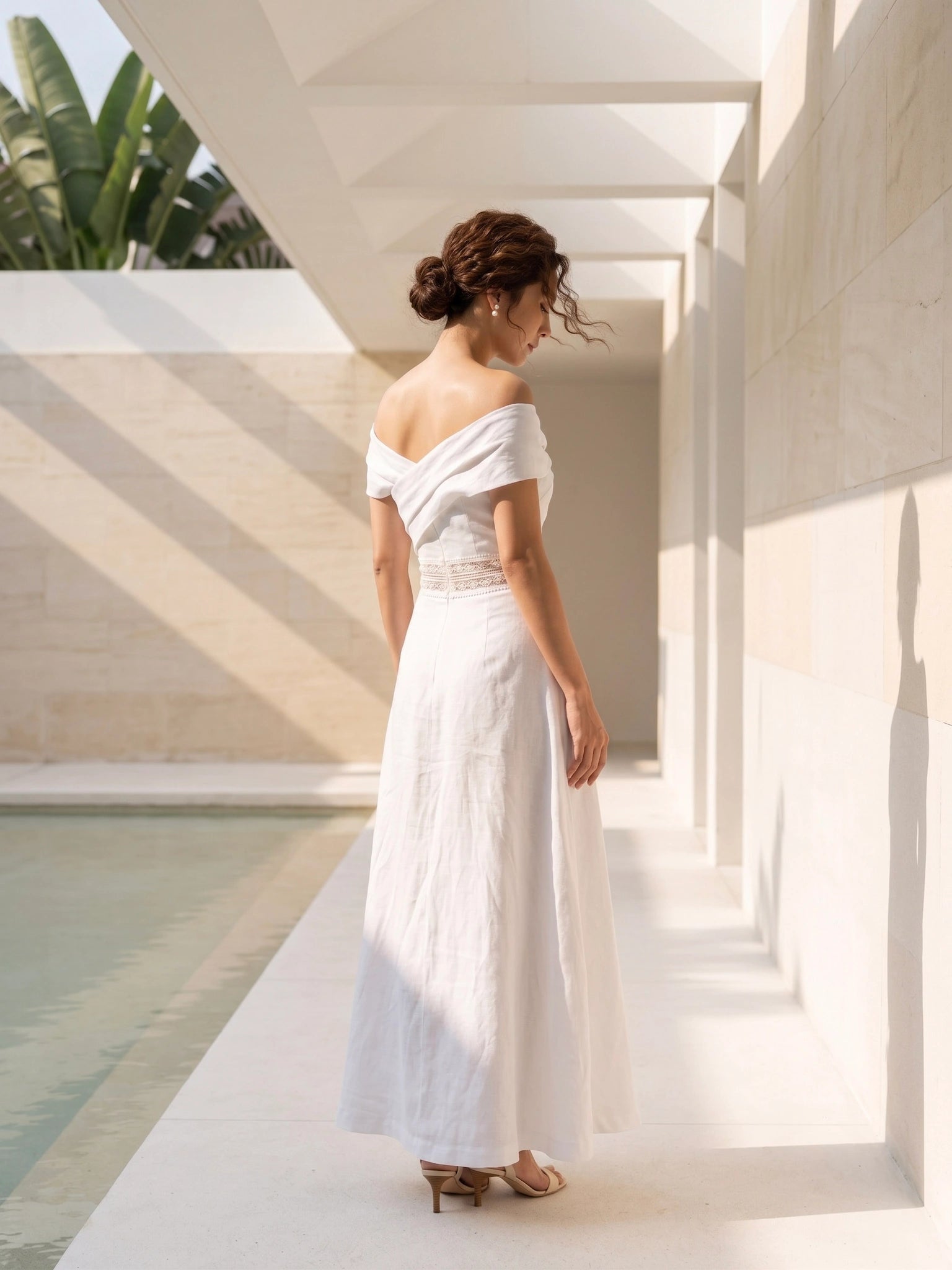 Đầm maxi trễ vai linen trắng thời trang Hity