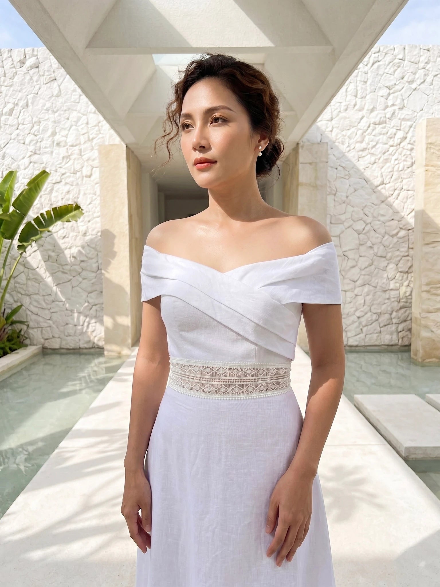 Đầm maxi trễ vai linen trắng thời trang Hity