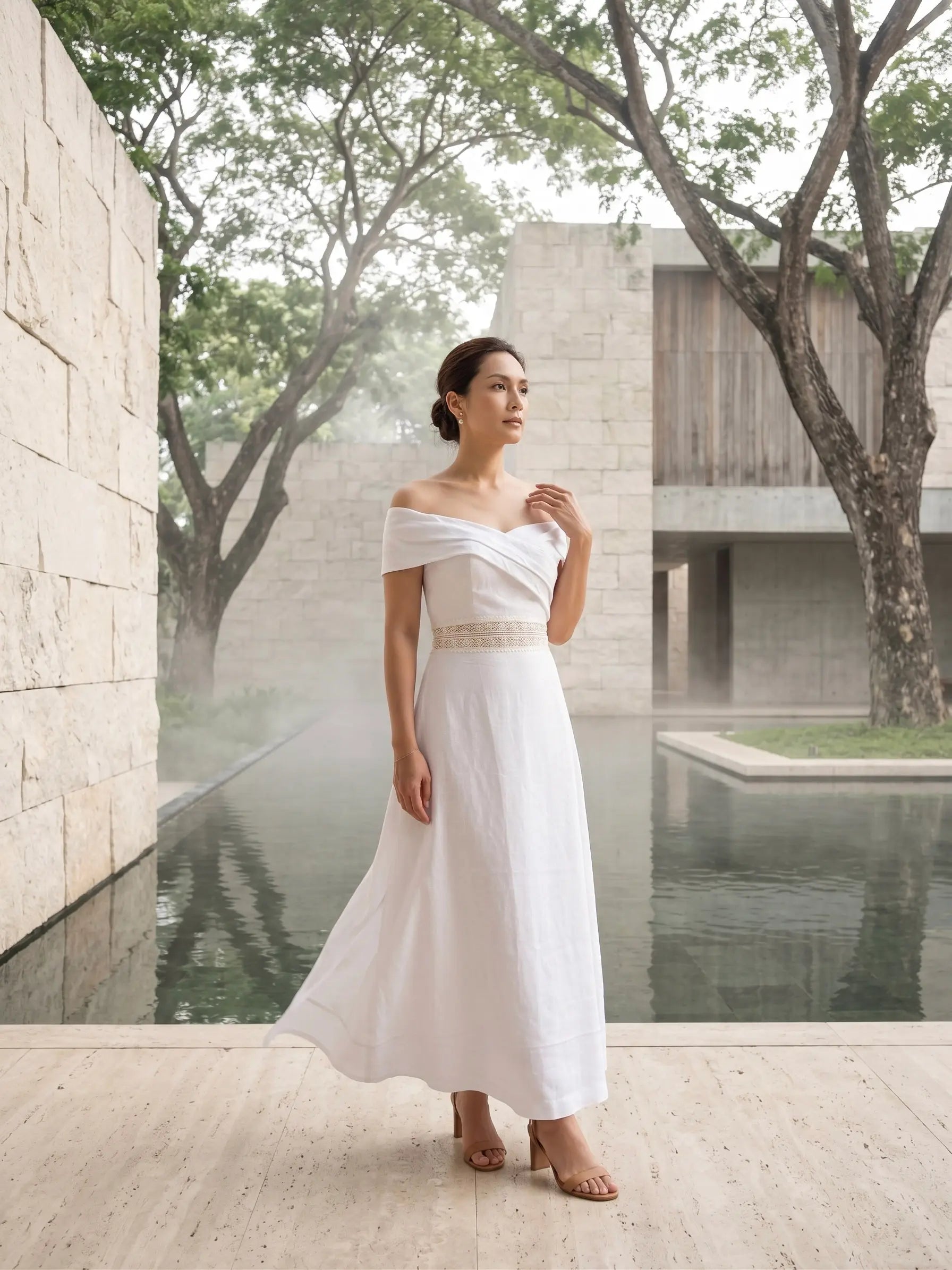 Đầm maxi trễ vai linen trắng thời trang Hity