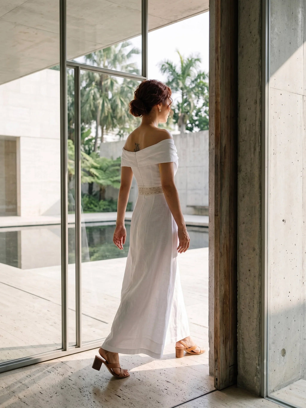 Đầm maxi trễ vai linen trắng thời trang Hity