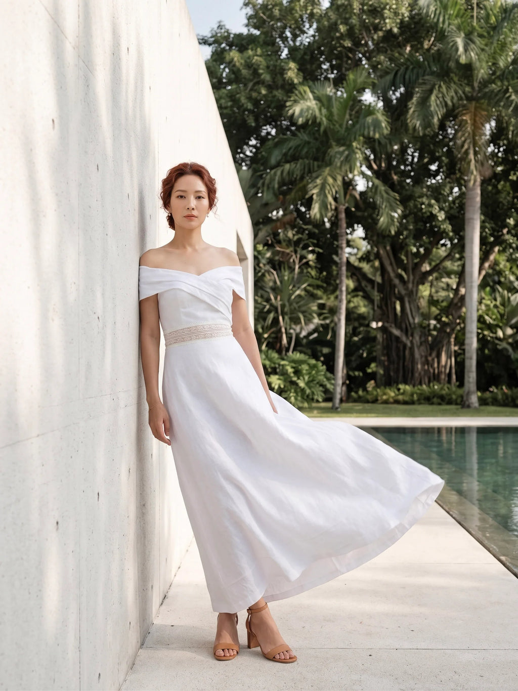 Đầm maxi trễ vai linen trắng thời trang Hity