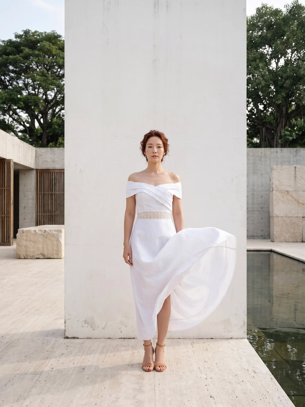 Đầm maxi trễ vai linen trắng thời trang Hity