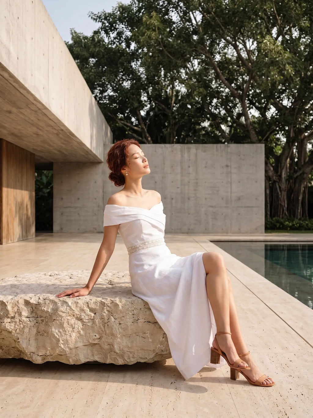 Đầm maxi trễ vai linen trắng thời trang Hity