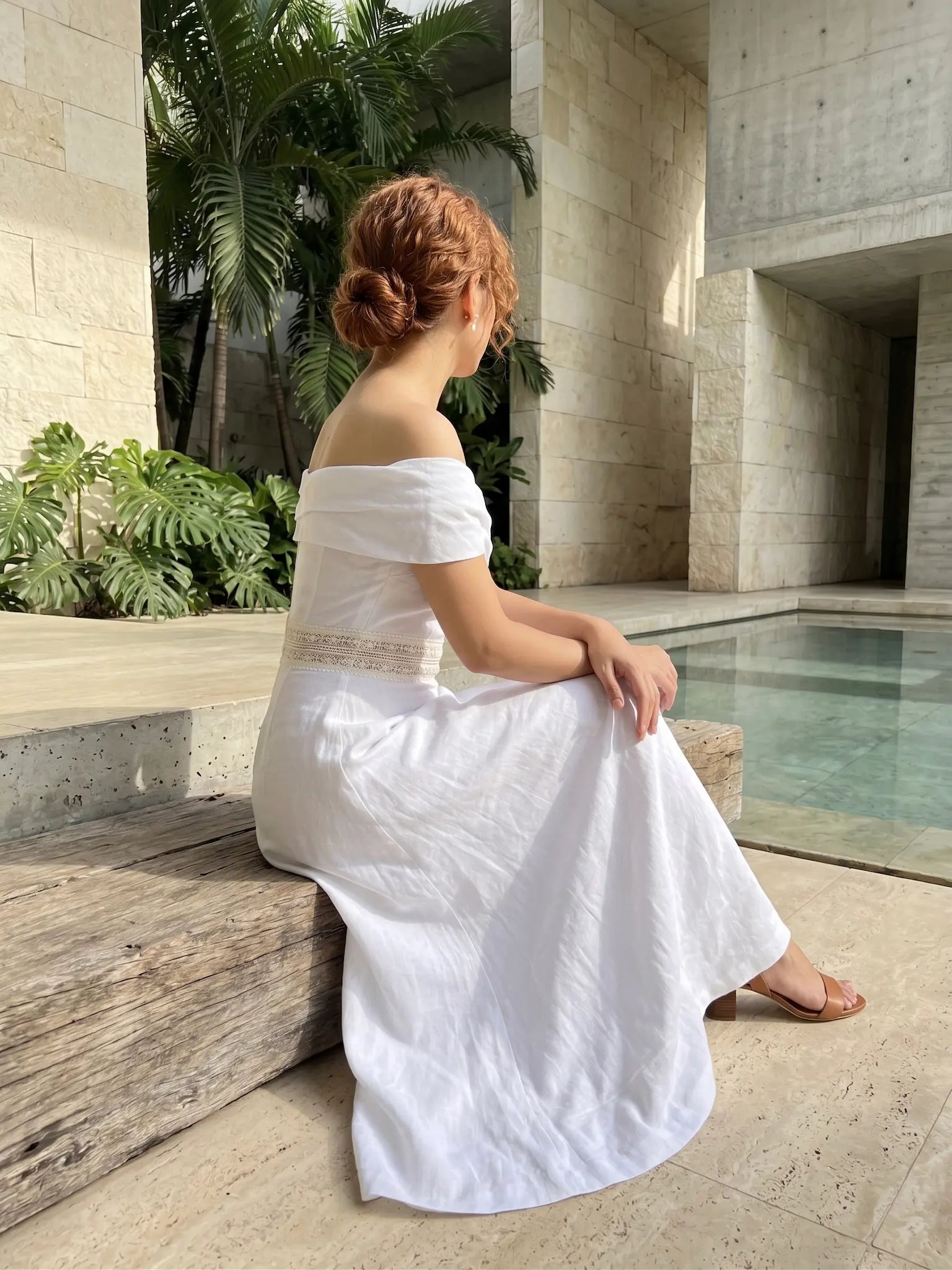 Đầm maxi trễ vai linen trắng thời trang Hity