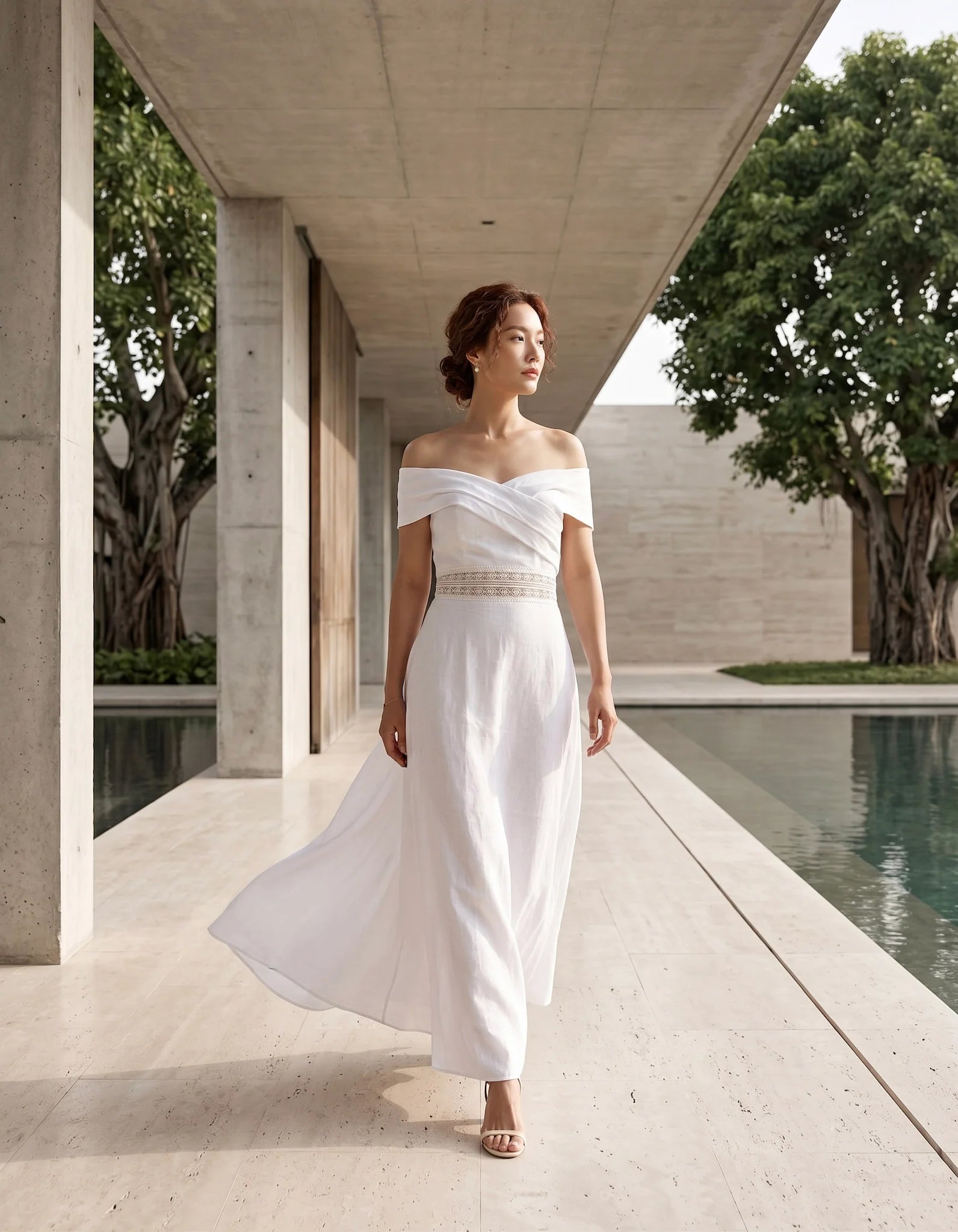 Đầm maxi trễ vai linen trắng thời trang Hity