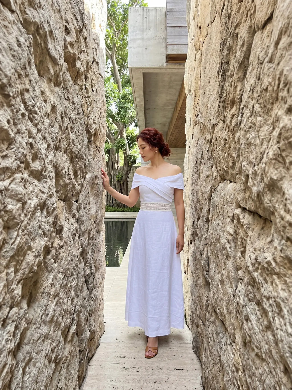 Đầm maxi trễ vai linen trắng thời trang Hity