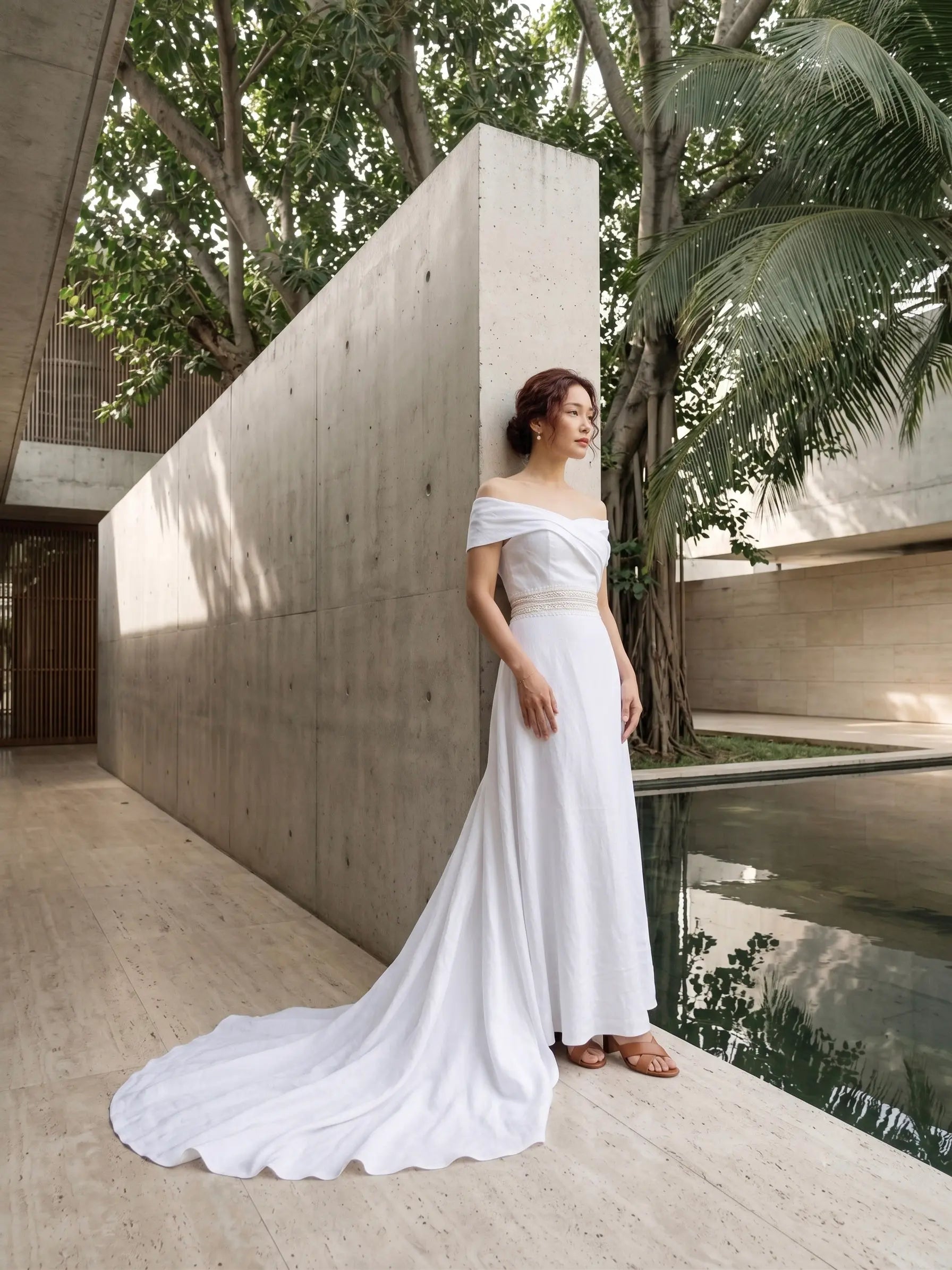 Đầm maxi trễ vai linen trắng thời trang Hity