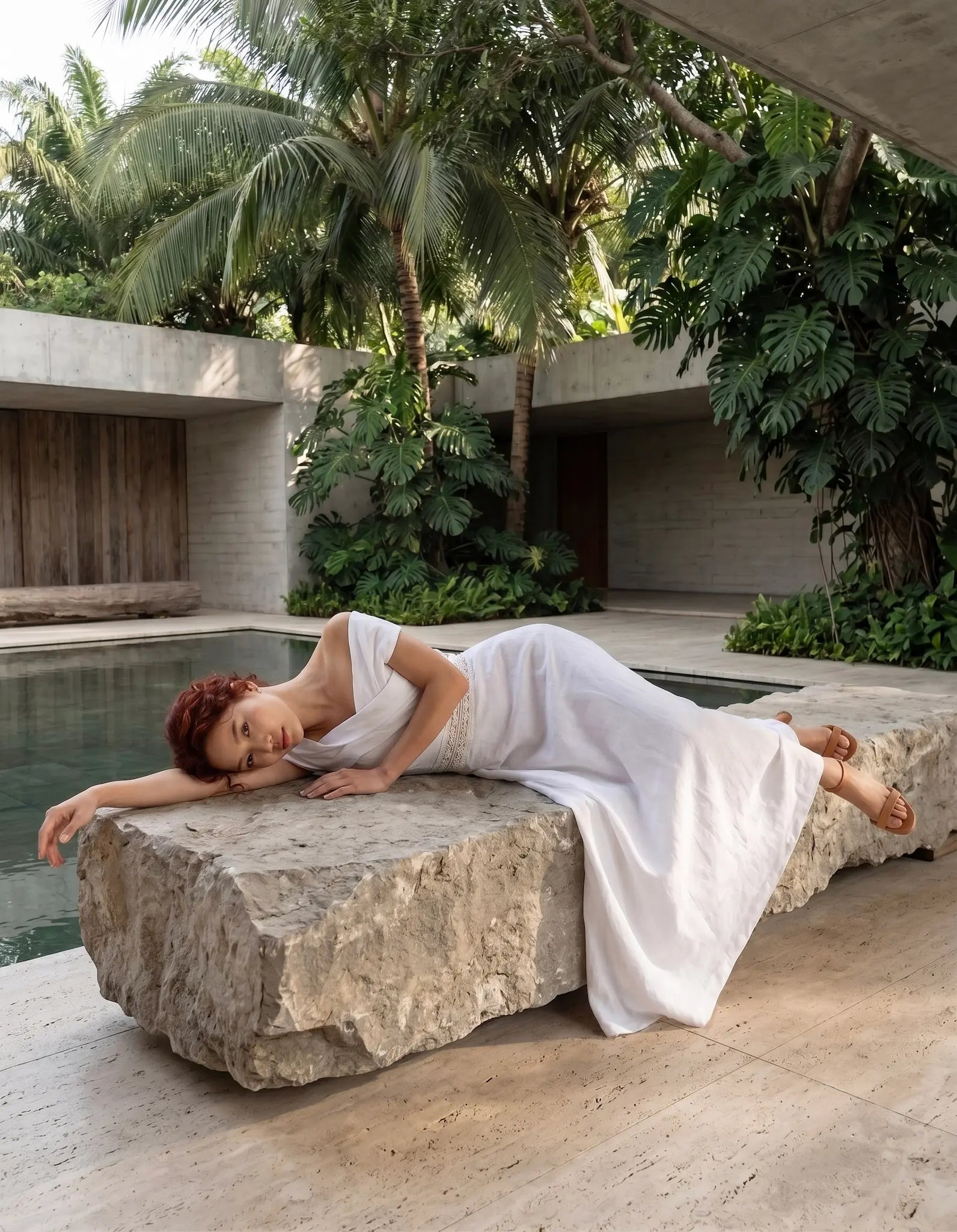 Đầm maxi trễ vai linen trắng thời trang Hity
