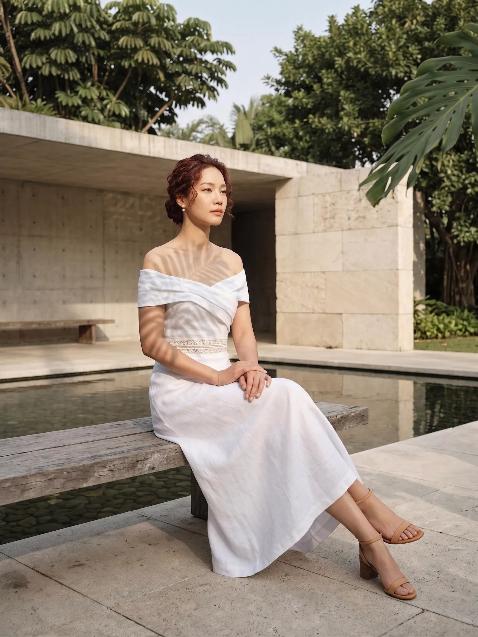 Đầm maxi trễ vai linen trắng thời trang Hity