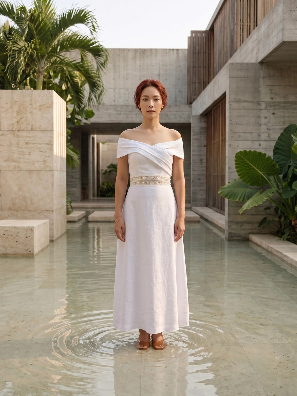 Đầm maxi trễ vai linen trắng thời trang Hity