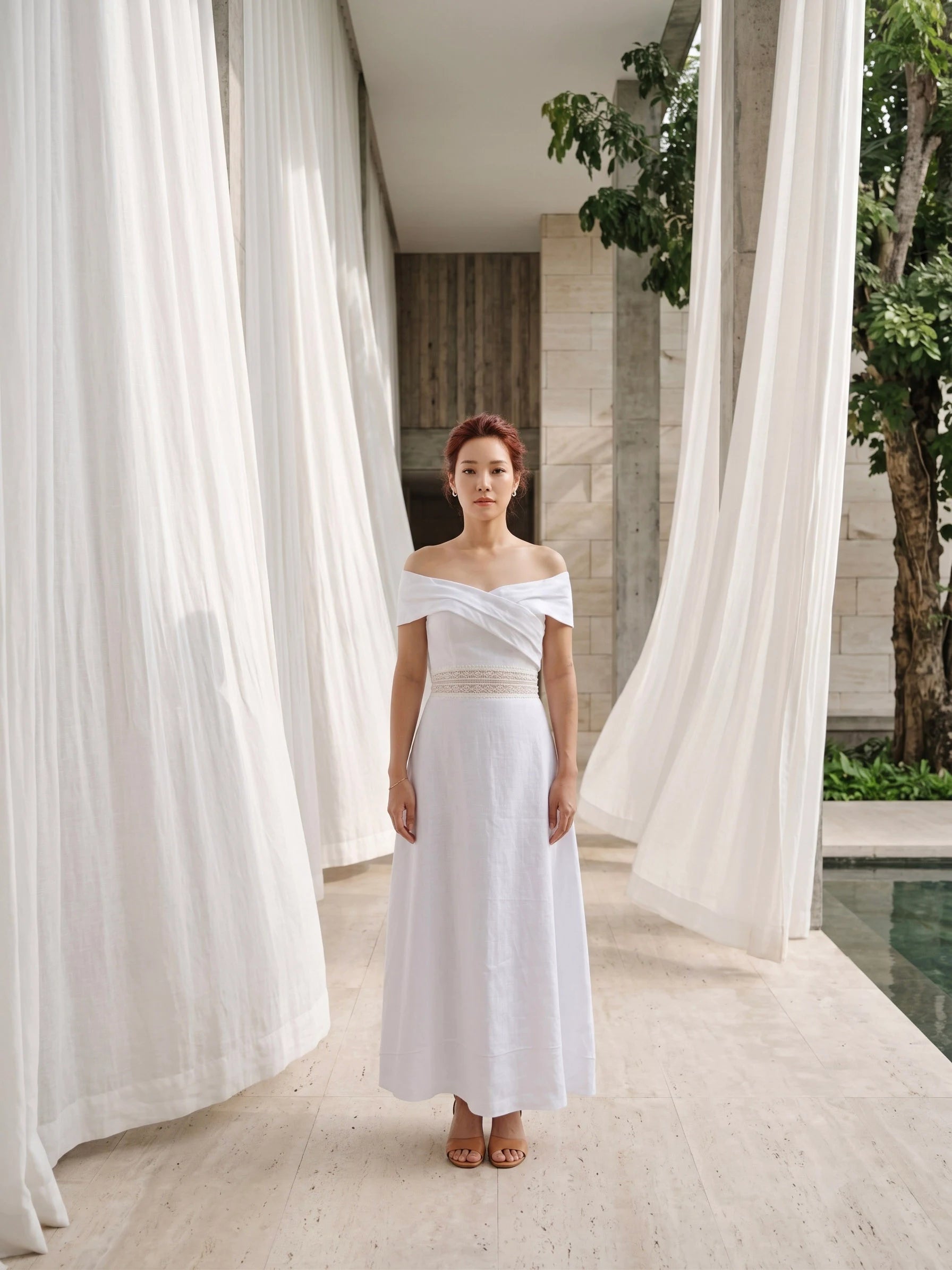 Đầm maxi trễ vai linen trắng thời trang Hity