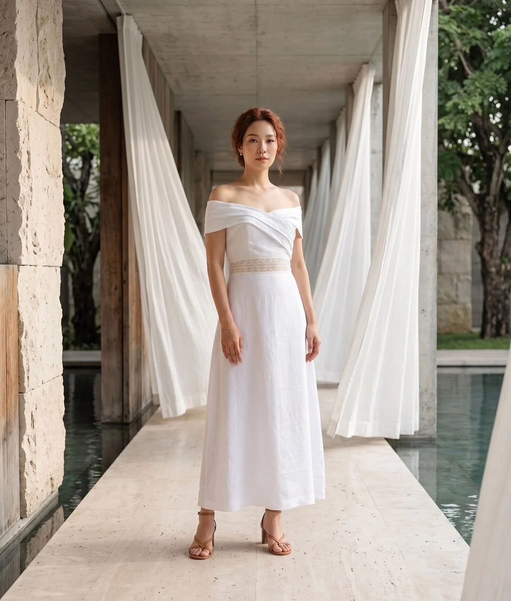 Đầm maxi trễ vai linen trắng thời trang Hity
