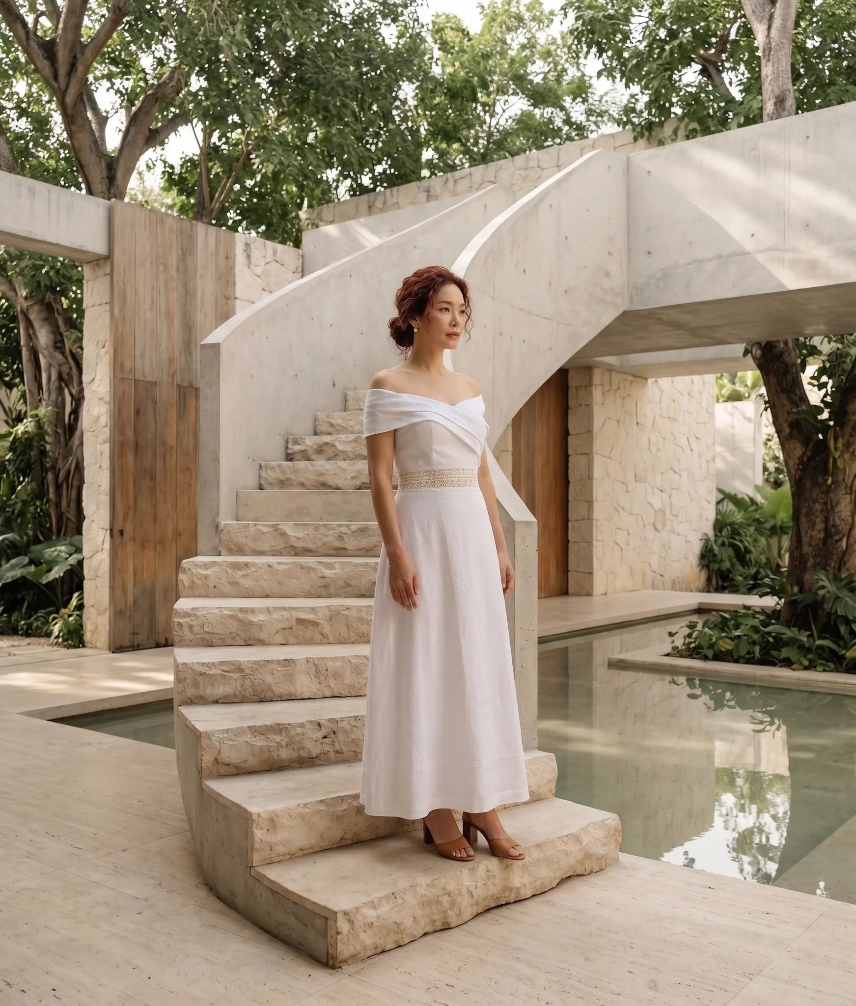 Đầm maxi trễ vai linen trắng thời trang Hity