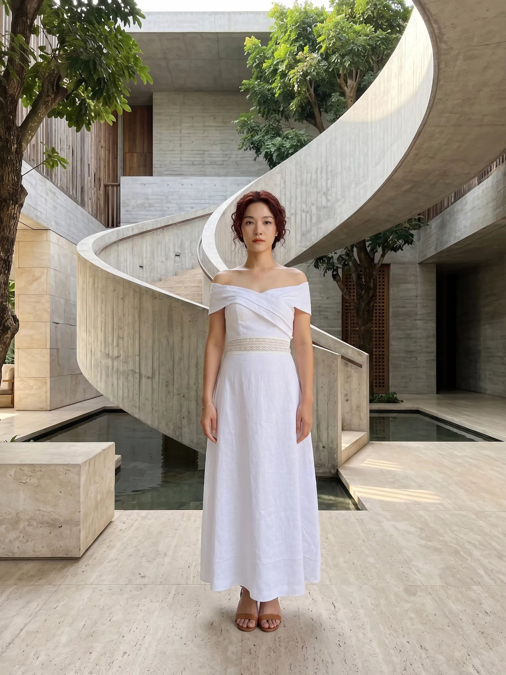 Đầm maxi trễ vai linen trắng thời trang Hity