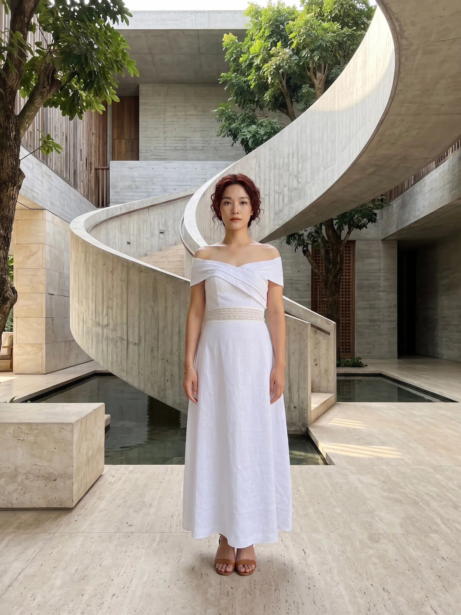 Đầm maxi trễ vai linen trắng thời trang Hity
