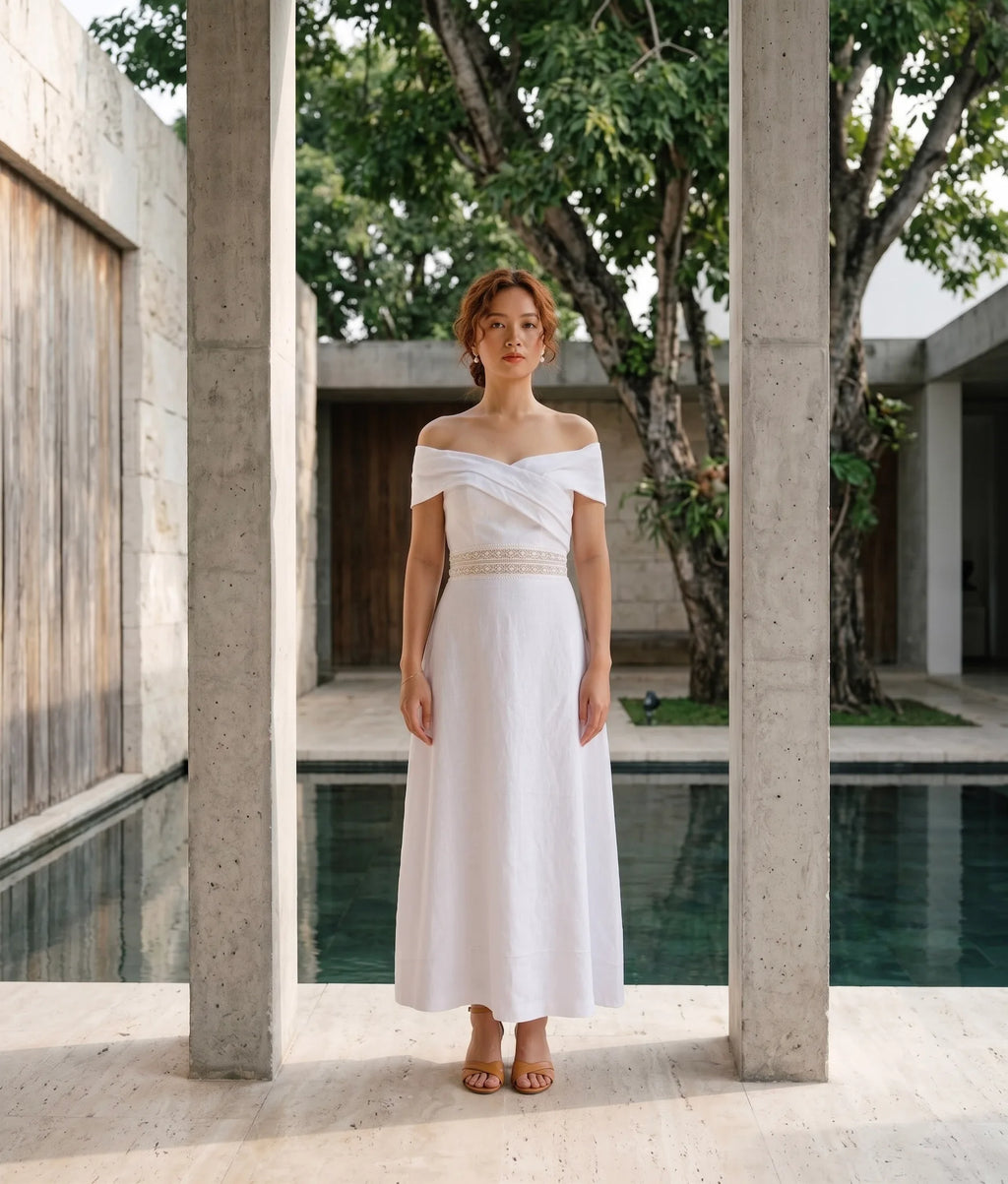 Đầm maxi trễ vai linen trắng thời trang Hity