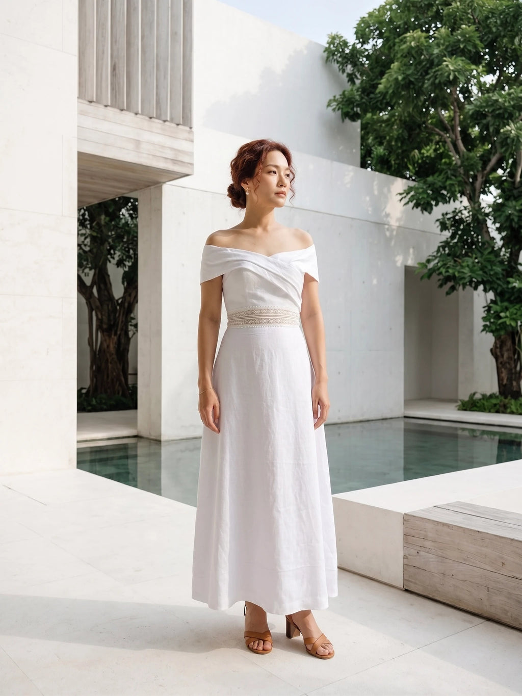 Đầm maxi trễ vai linen trắng thời trang Hity