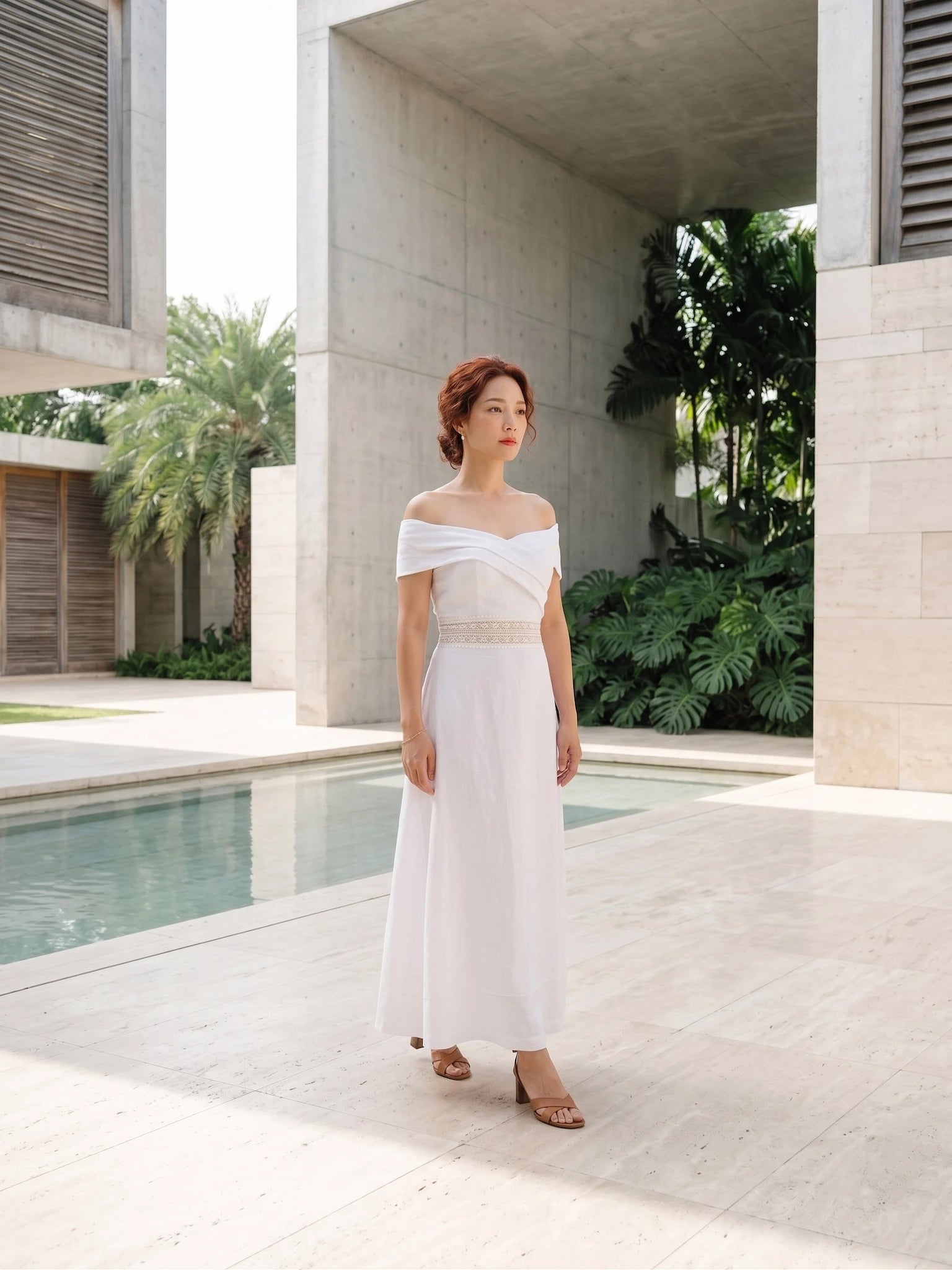 Đầm maxi trễ vai linen trắng thời trang Hity
