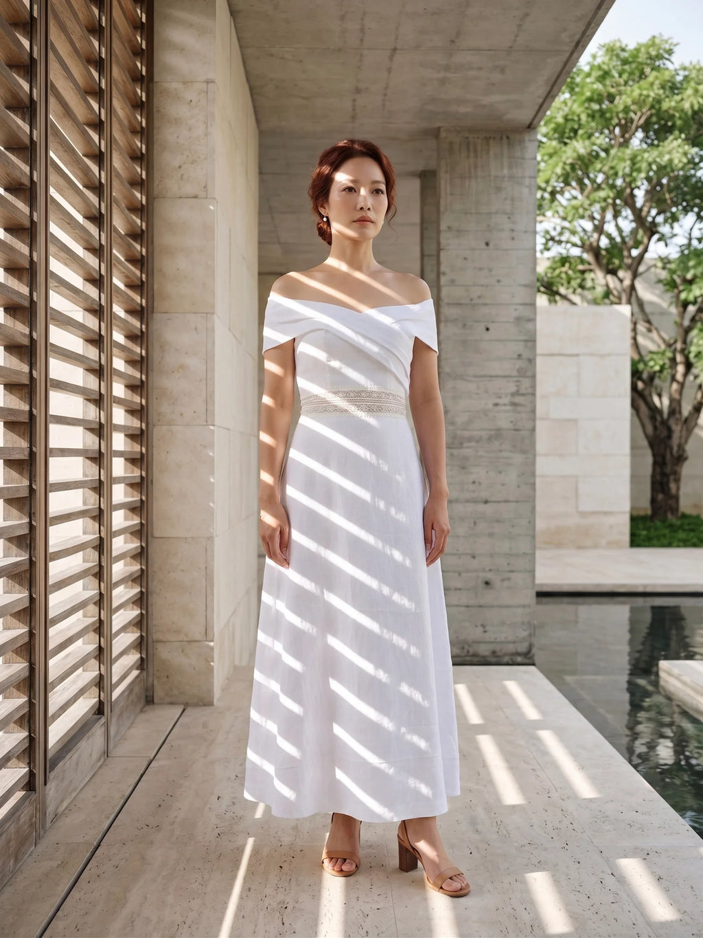 Đầm maxi trễ vai linen trắng thời trang Hity