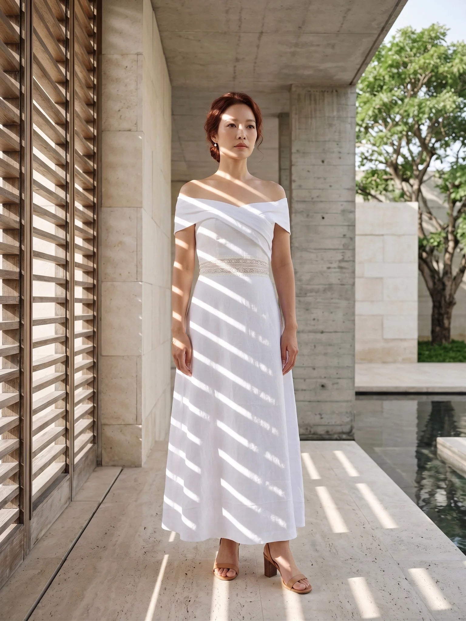 Đầm maxi trễ vai linen trắng thời trang Hity
