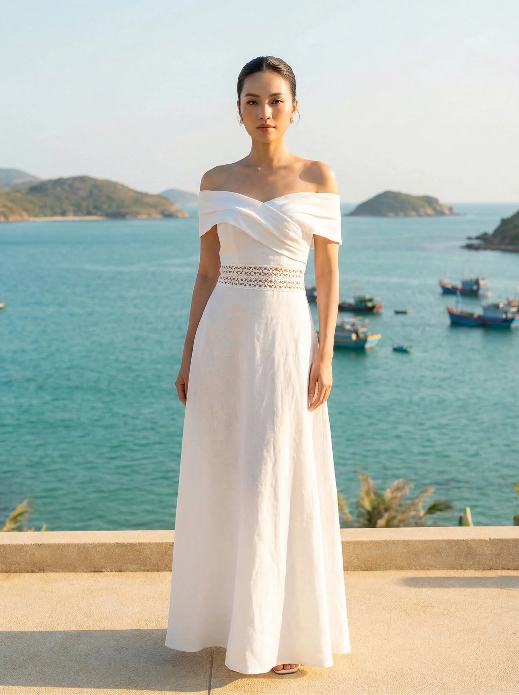 Đầm Maxi Trễ Vai Linen Hải Âu