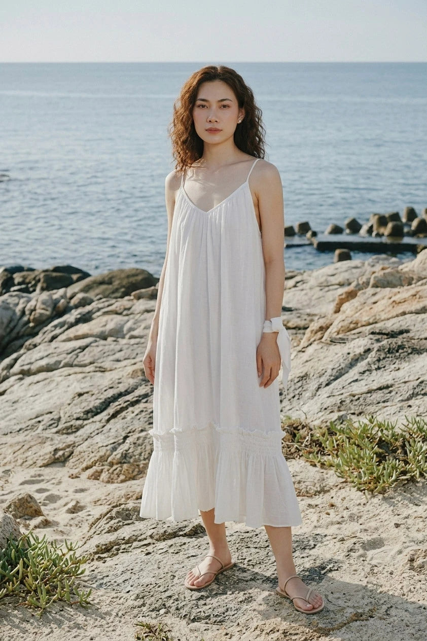 Đầm midi hai dây cotton trắng thời trang Hity