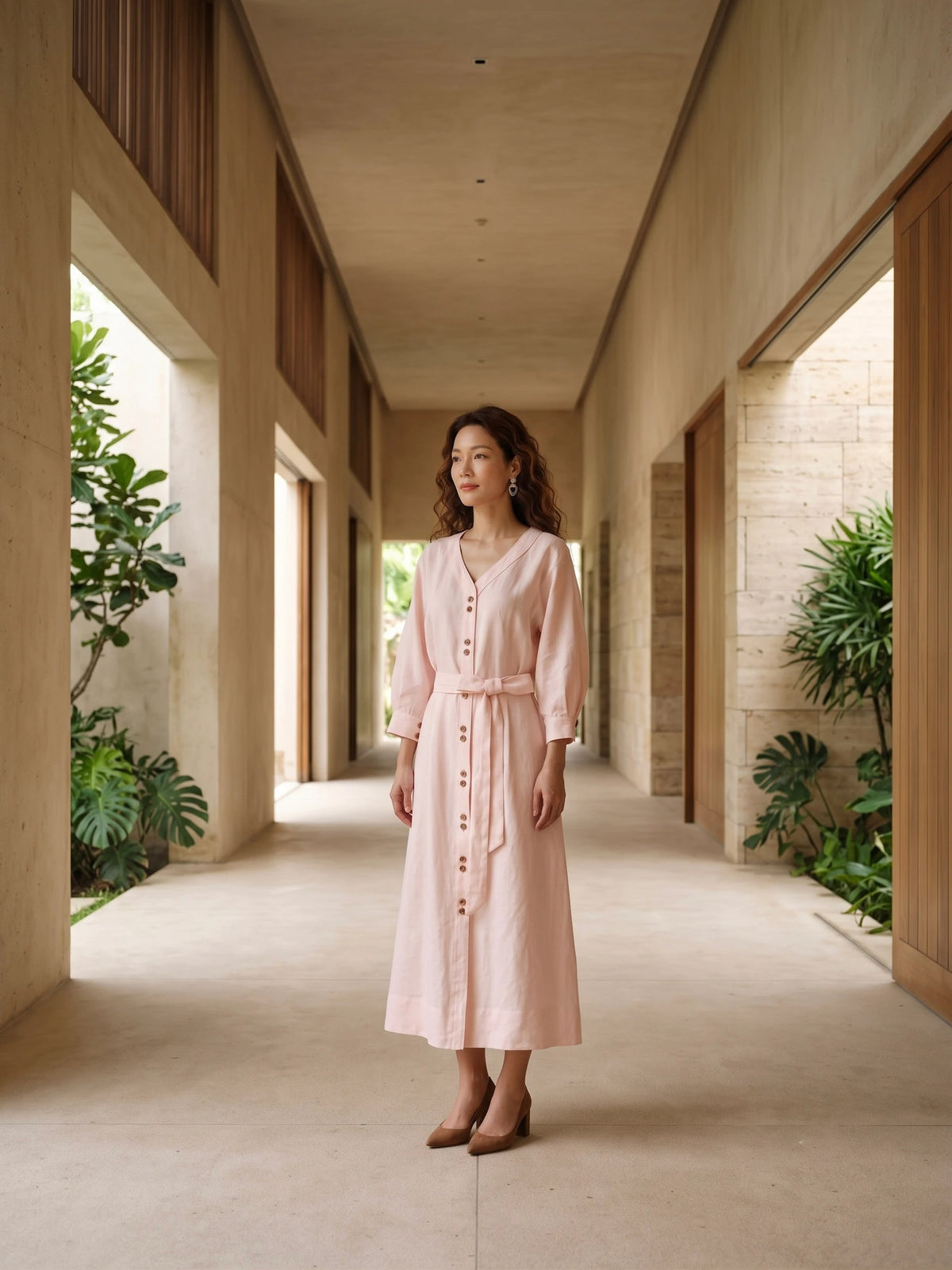 Đầm midi cổ tim linen hồng pastel thời trang Hity