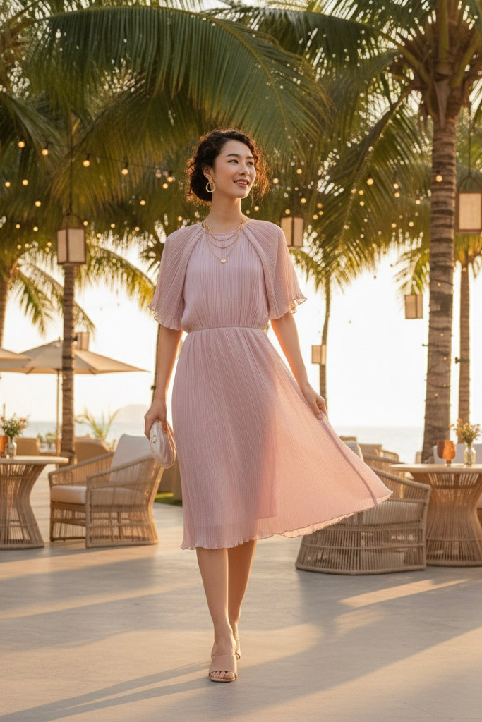 Đầm midi dập ly hồng pastel thời trang Hity