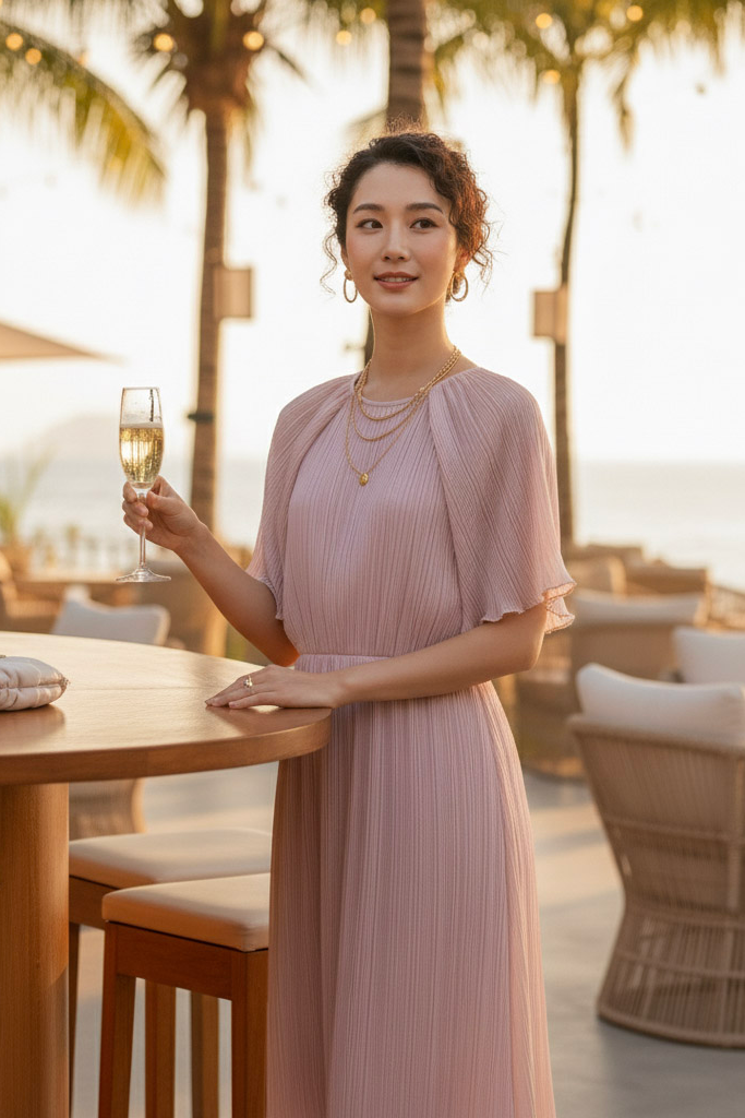 Đầm midi dập ly hồng pastel thời trang Hity