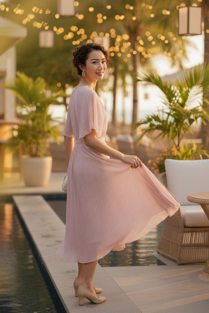 Đầm midi dập ly hồng pastel thời trang Hity