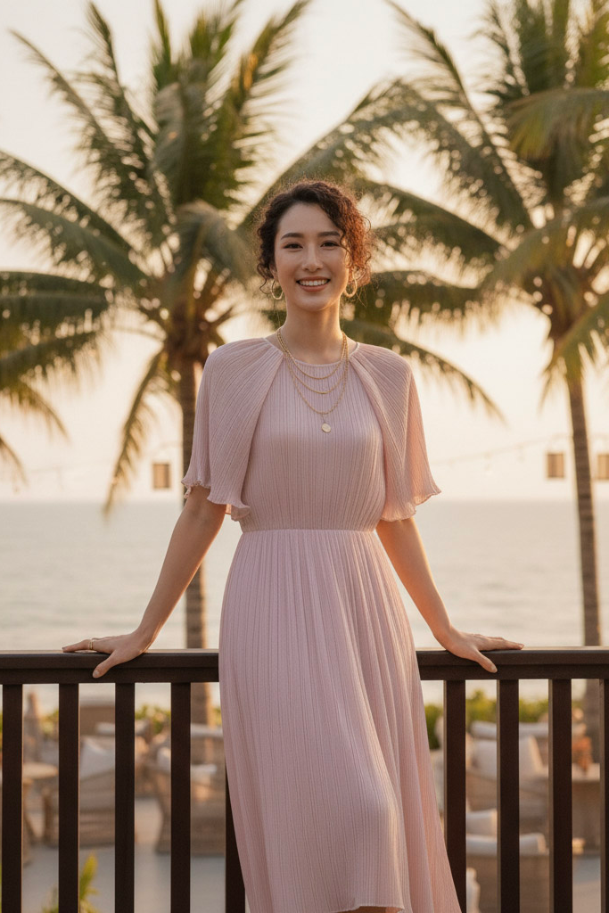 Đầm midi dập ly hồng pastel thời trang Hity