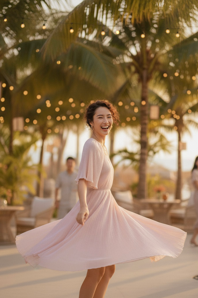 Đầm midi dập ly hồng pastel thời trang Hity