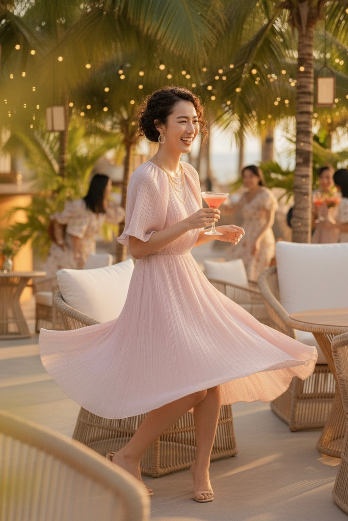 Đầm midi dập ly hồng pastel thời trang Hity