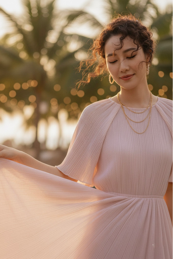 Đầm midi dập ly hồng pastel thời trang Hity