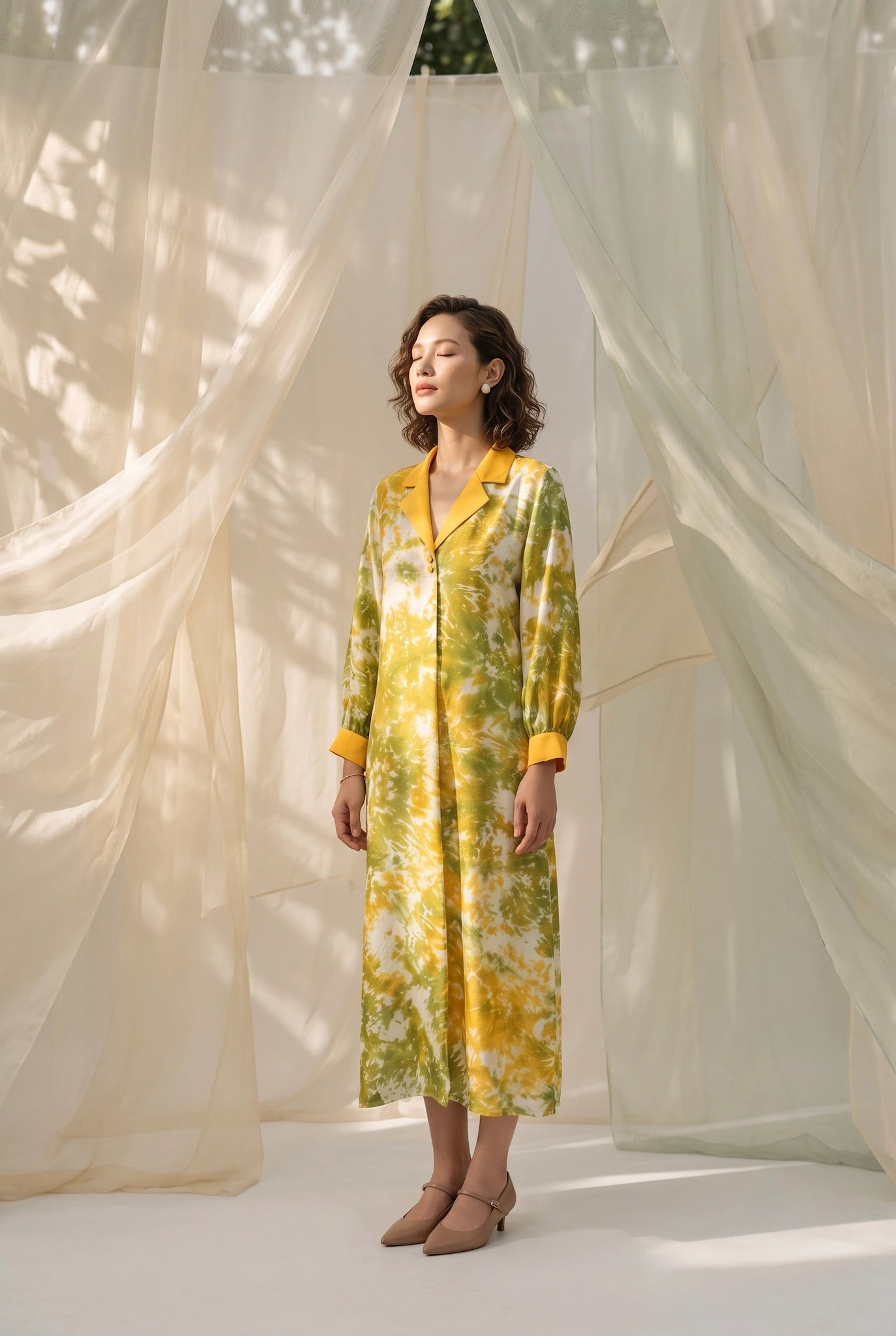Đầm midi lụa tơ tằm nhuộm loang tie-dye thời trang Hity
