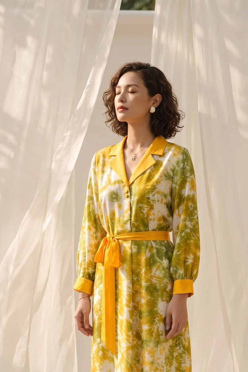 Đầm midi lụa tơ tằm nhuộm loang tie-dye thời trang Hity