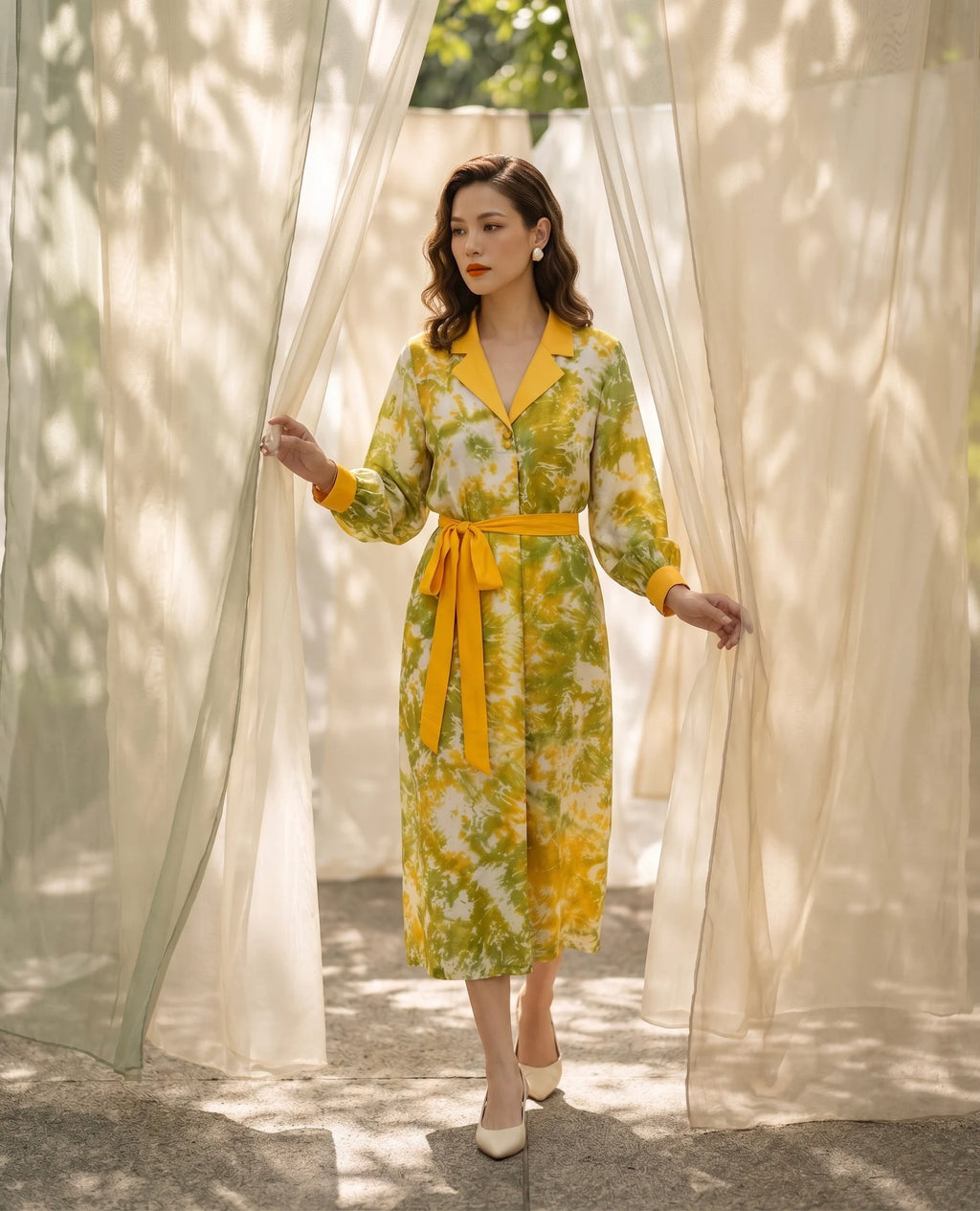 Đầm midi lụa tơ tằm nhuộm loang tie-dye thời trang Hity