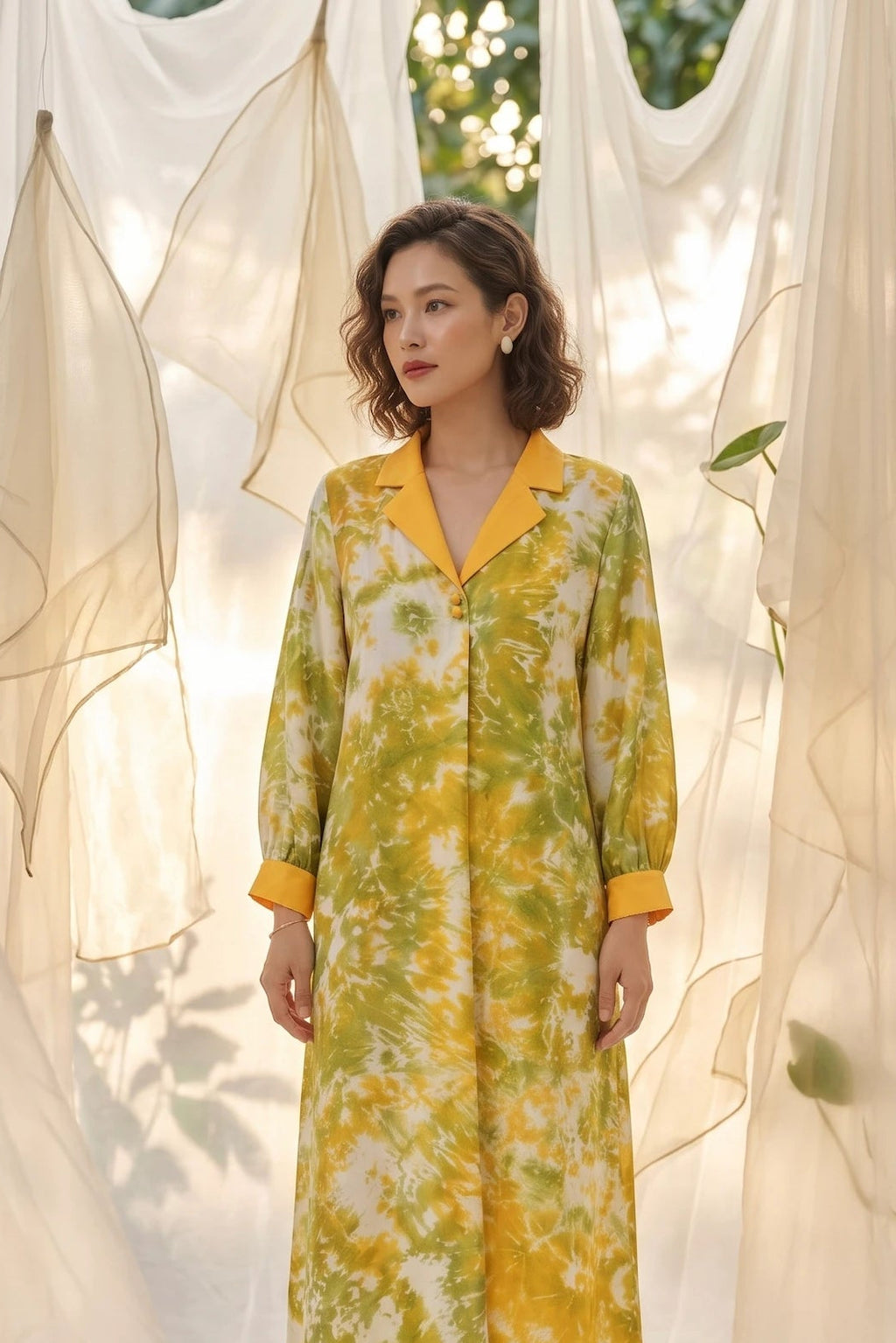 Đầm midi lụa tơ tằm nhuộm loang tie-dye thời trang Hity