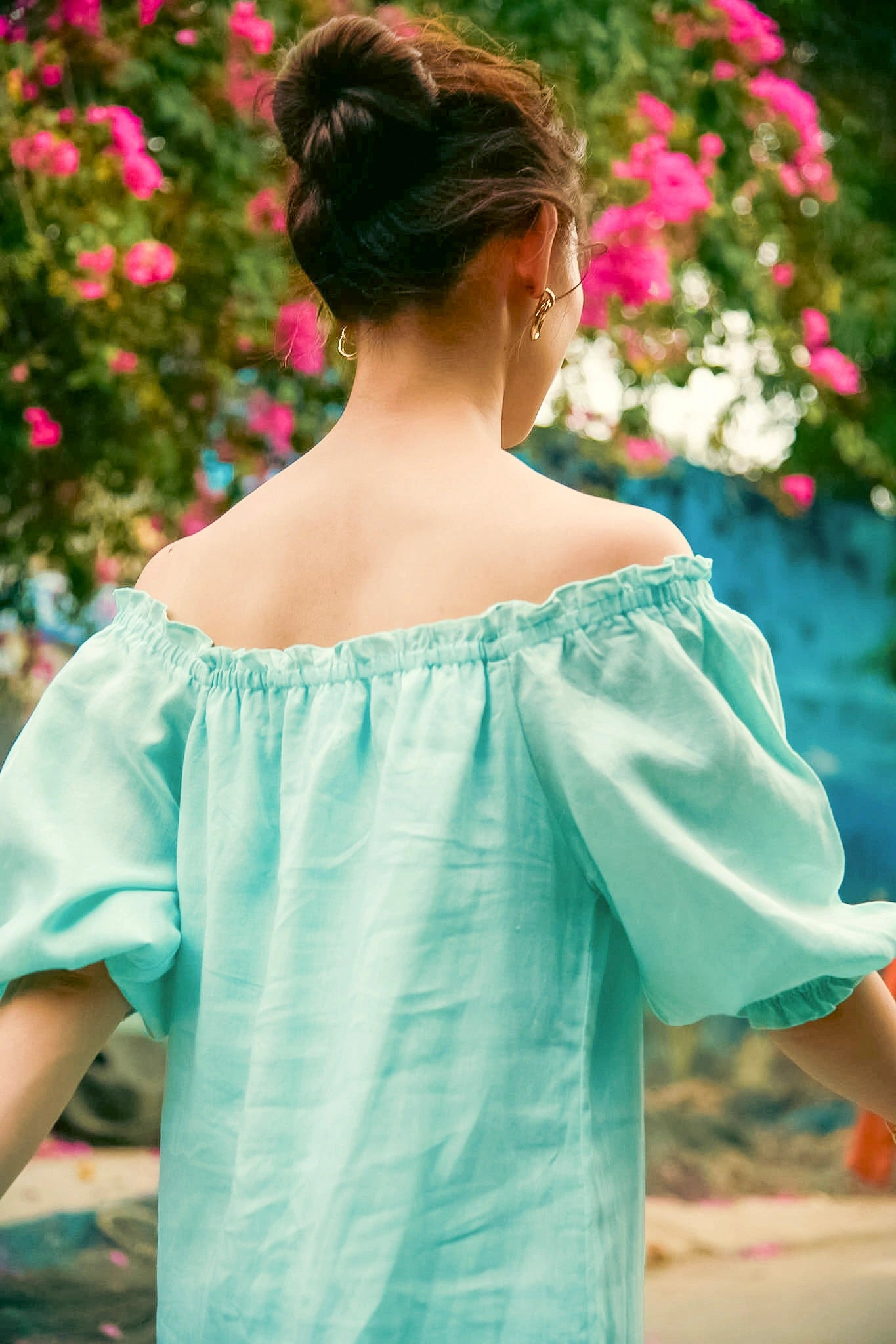 Đầm midi trễ vai linen thêu tay xanh pastel thời trang Hity