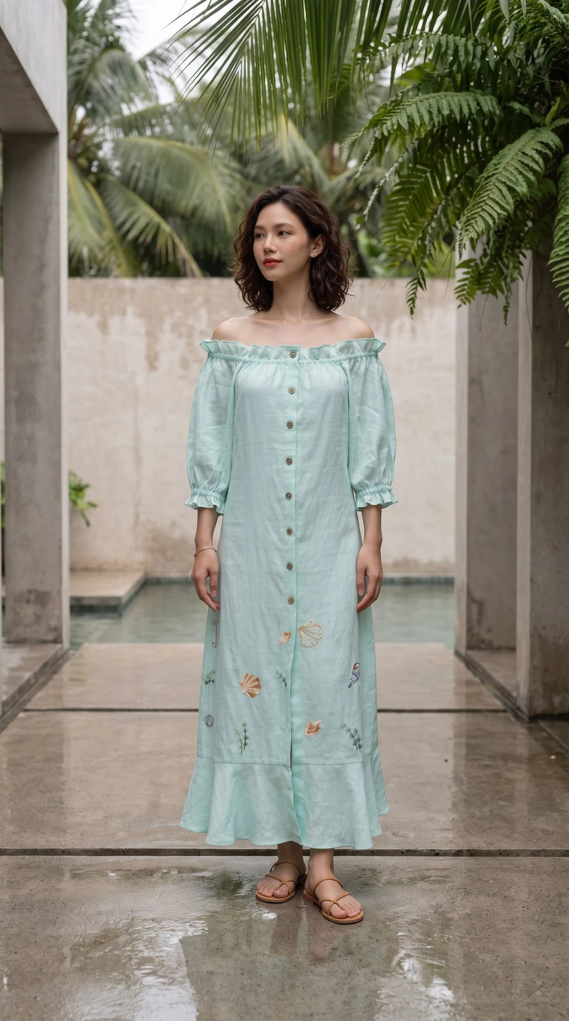 Đầm midi trễ vai linen thêu tay sinh vật biển thời trang Hity