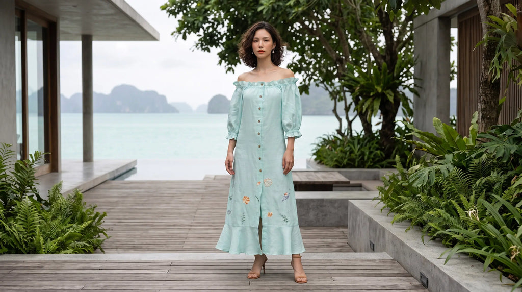 Đầm midi trễ vai linen thêu tay sinh vật biển thời trang Hity