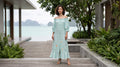 Đầm midi trễ vai linen thêu tay sinh vật biển thời trang Hity