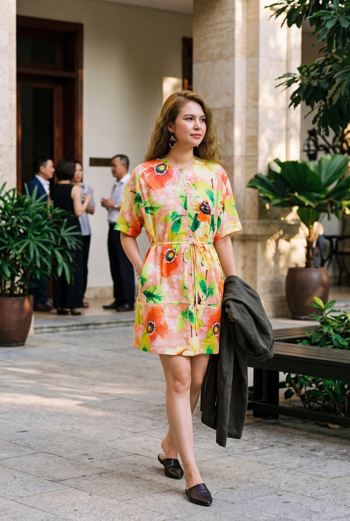 Đầm midi ngắn linen hoa mùa hè thời trang Hity