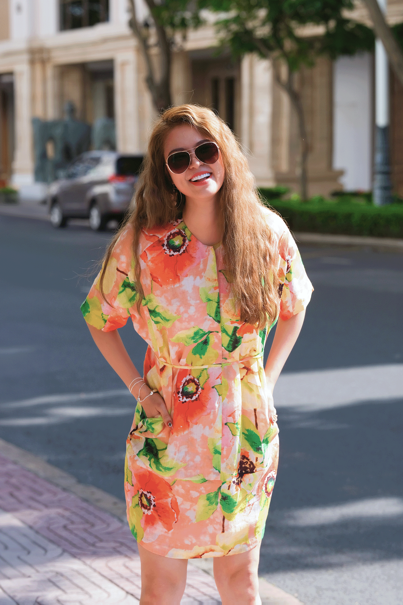 Đầm mini ngăn trên gối linen hoa dâm bụt thời trang Hity