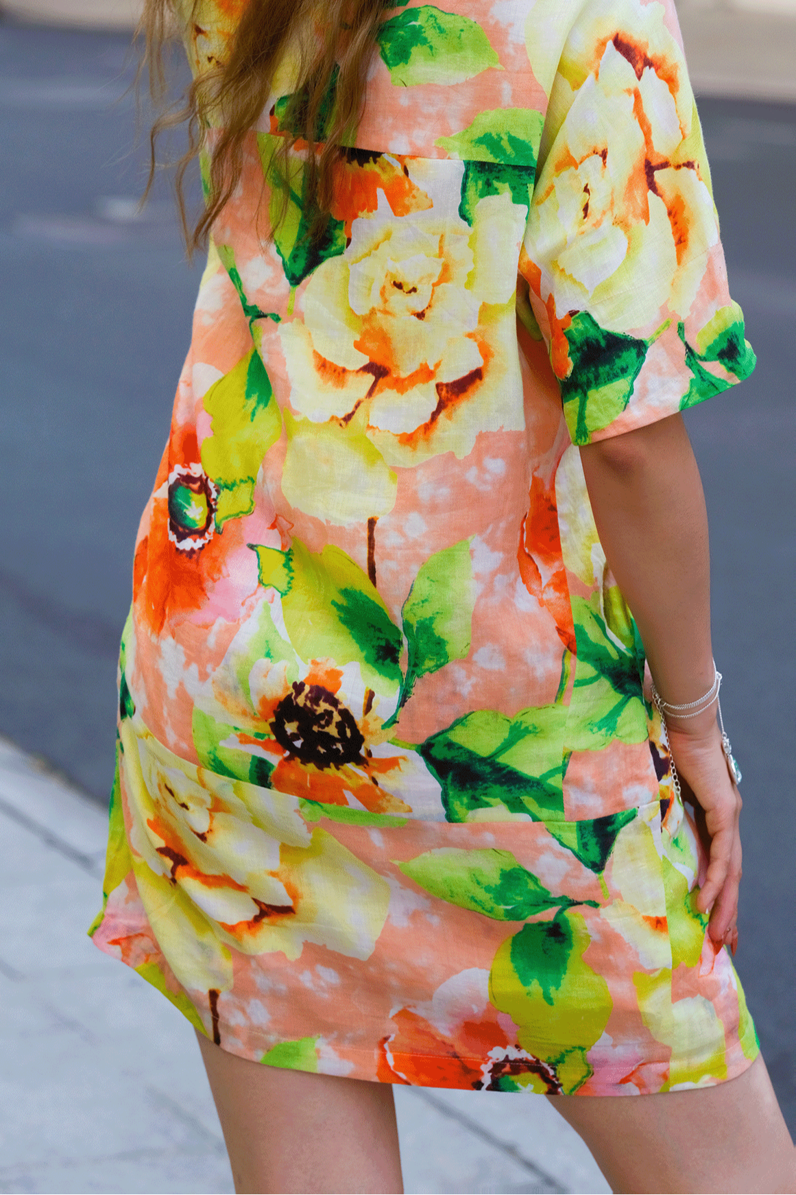 Đầm mini ngắn trên gối linen hoa dâm bụt thời trang Hity